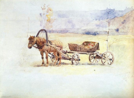 Лошадь, запряженная в пролетку.1890.